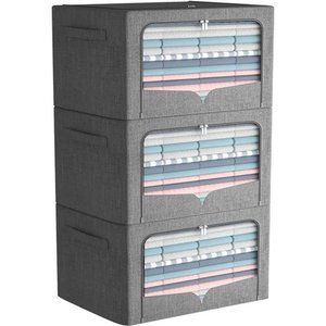 3 Pack Clothes Storage Bins - Foldable Metal Frame Storage Box - Stackable Linen